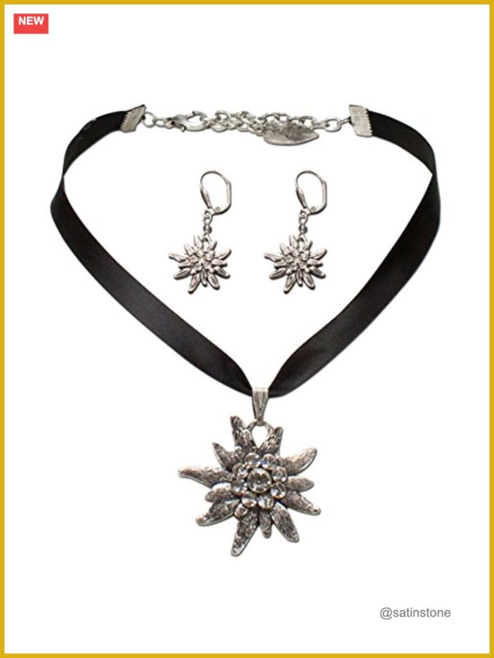Bavarian Jewelry Set Satin Ribbon Necklace Earrings Rhinestone Edelweiss Dirndl